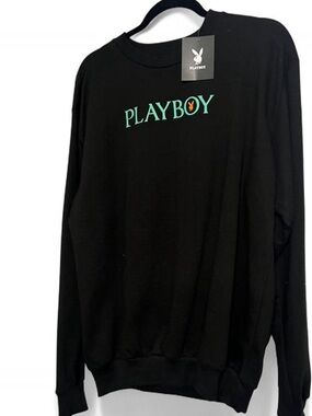 PLAYBOY Black Crewneck Sweater with Teal and Orange Logo